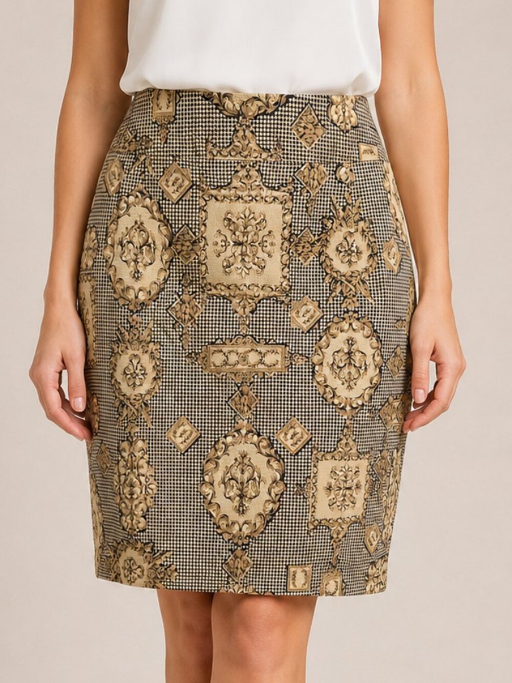 Vintage Talbots Gold & Black Medallion Artsy Classic Pencil Skirt Old Money Sz 8